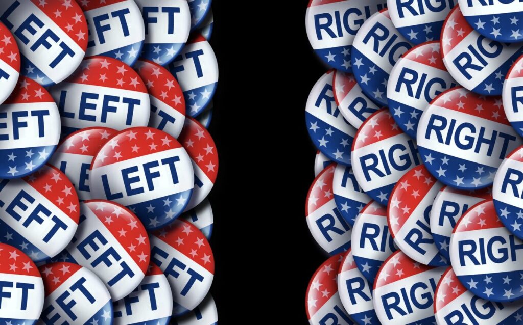 An image of political buttons with the those saying "left" on the left, and those saying "right" on the right.